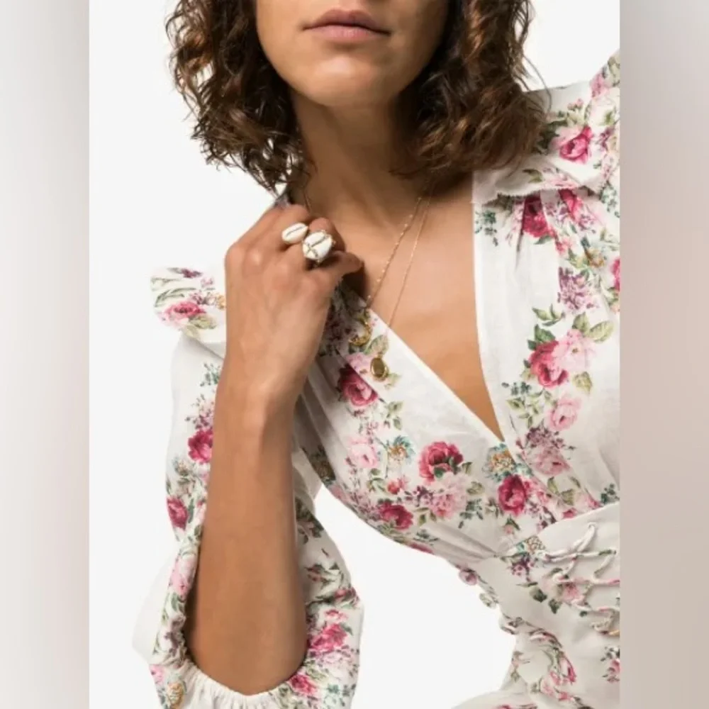 Zimmermann White Floral Mini Dress with Pink Roses - Picture 3 of 8